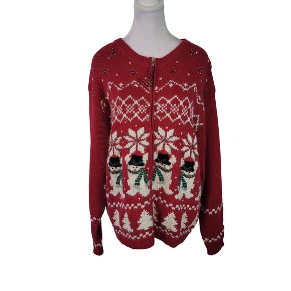 Croft & Barrow Size L Vintage Red Ugly Christmas Full Zip Cardigan Snowmen - Picture 1 of 10
